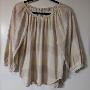Everlane Cream and Tan Checkered Blouse